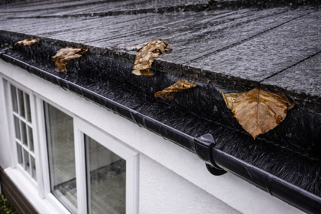 gutter leaf guard installed - rainy day with leaves on roof