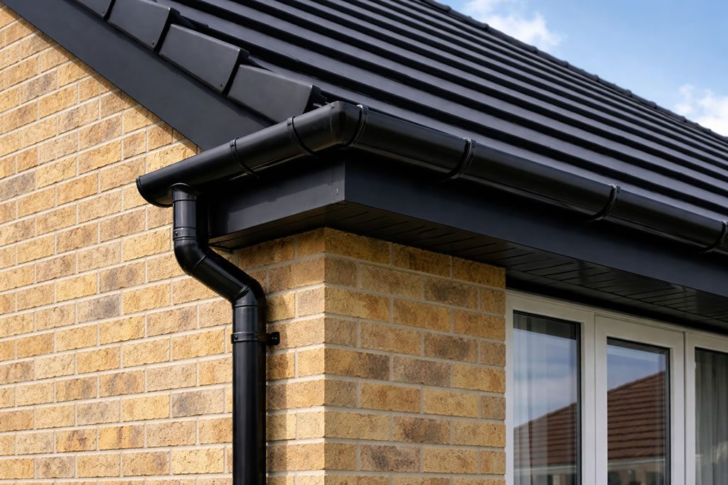 black upvc guttering corner on brick facade